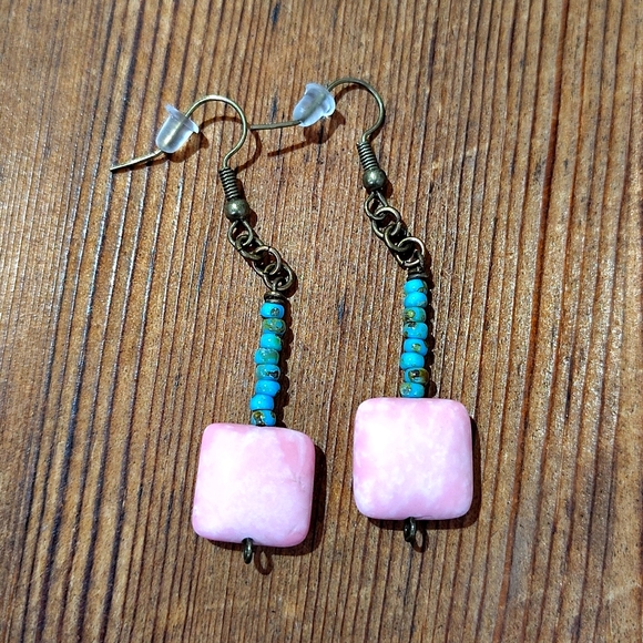 Turquoise Pink and Blue Beaded Earrings, Handmade Ladies Dangle Earrings - Picture 5 of 6